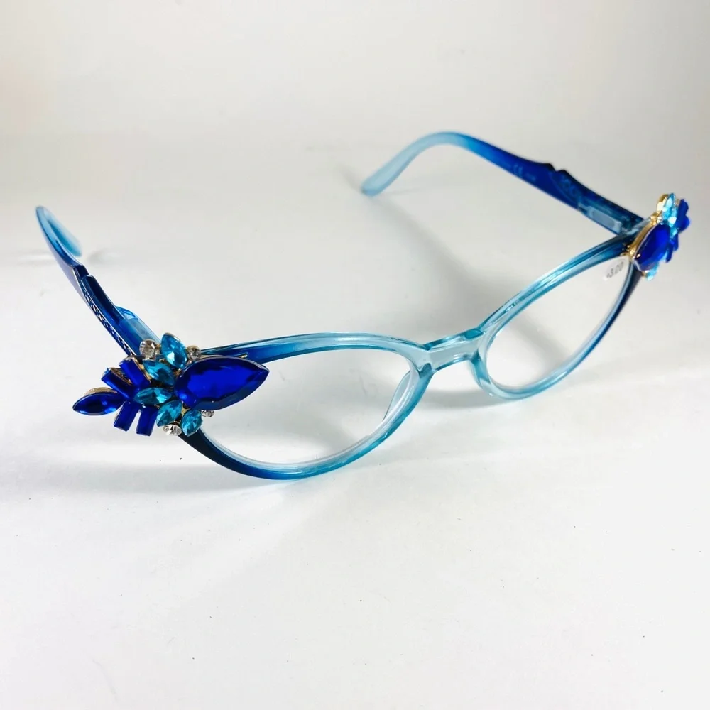 Vintage Vixen Turquoise Ombre frames Blue rhinestones +3.00 reading glasses